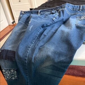 Avenue Denim Capri 24” inseam zipper button.  Embellished with paisley patches.